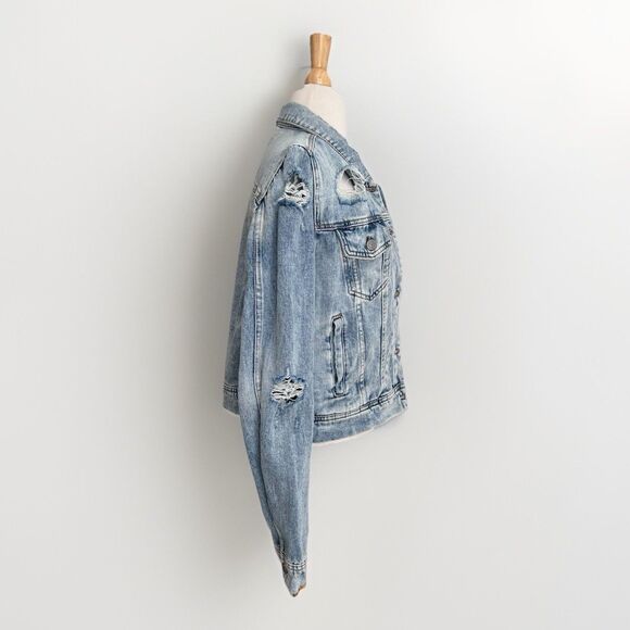 Free People Distressed Denim Jacket Womens Size Small Blue Jean Boho - Picture 4 of 6